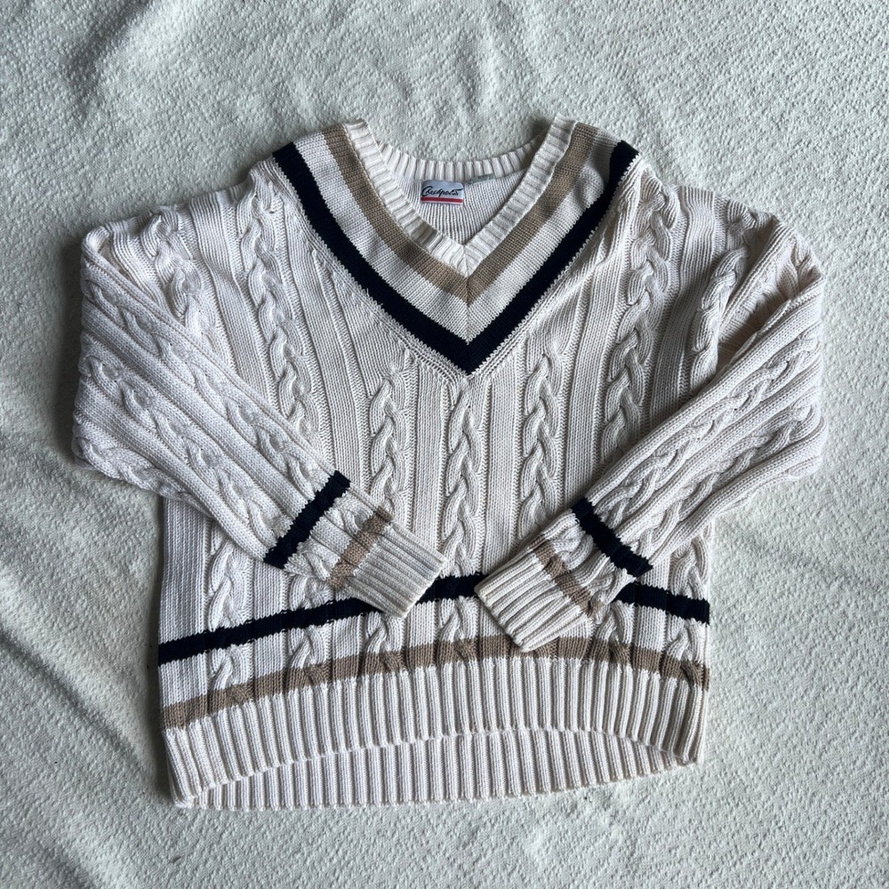 Checkpoint Vintage Mens XL Cable Knit V-Neck Sweater Cream Striped Cotton Preppy